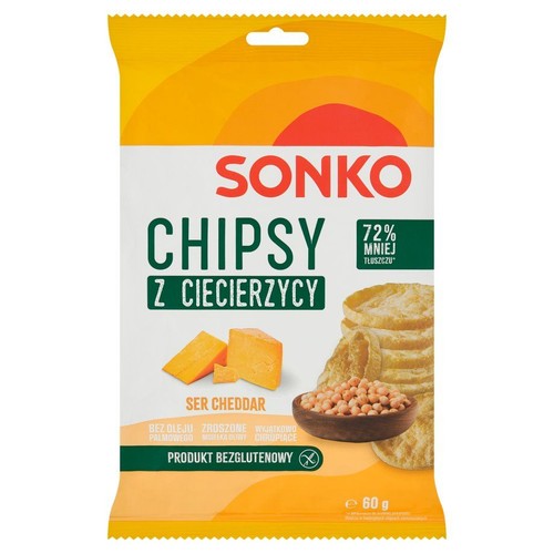Chipsy Sonko z ciecierzycy o smaku sera cheddar w żółto-białym opakowaniu 60 g. Produkt bezglutenowy, z 72% mniejszą zawartością tłuszczu i bez oleju palmowego. Na etykiecie grafiki sera, ciecierzycy i chrupiących chipsów.