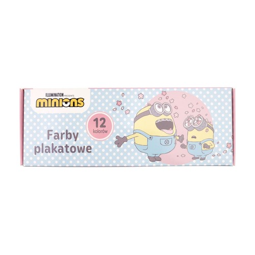 Pudełko farb plakatowych Minions, zawierające 12 kolorów. Opakowanie ma jasnoniebieskie tło w białe kropki. Na nim grafika dwóch Minionków: jeden z otwartą buzią i aparatem na zębach, drugi z zaskoczoną miną.