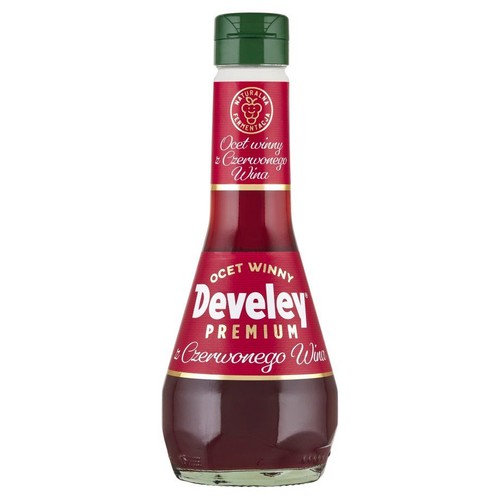 Butelka octu winnego Develey Premium z czerwonego wina. Czerwona etykieta, zielona zakrętka.