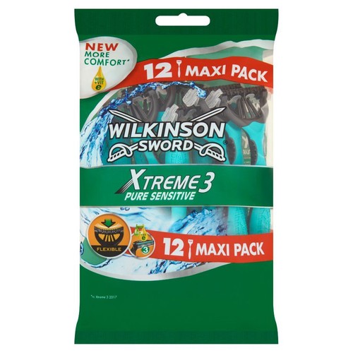 Wilkinson Sword Xtreme3 Pure Sensitive, 12 jednorazowych maszynek do golenia w opakowaniu maxi pack.