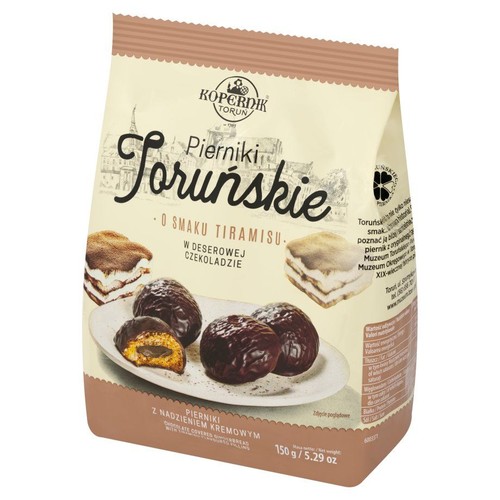 Toruńskie pierniki Kopernik, smak tiramisu, w deserowej czekoladzie. Na opakowaniu grafika pierników z nadzieniem. 150g.