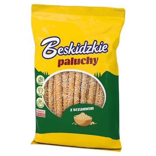 Beskidzkie paluchy z sezamem w żółtym opakowaniu. Przezroczyste okienko pokazuje chrupiące paluszki.