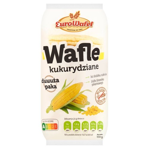 Białe opakowanie wafli kukurydzianych EuroWafel, 100 g. Produkt bez dodatku cukrów, bez glutenu, źródło błonnika. Na opakowaniu grafika kolb kukurydzy i ziaren, z napisem 'duuuża paka'.