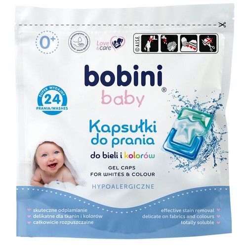 Opakowanie kapsułek Bobini Baby do prania, 24 prania, dla niemowląt 0+. Skuteczne odplamianie.