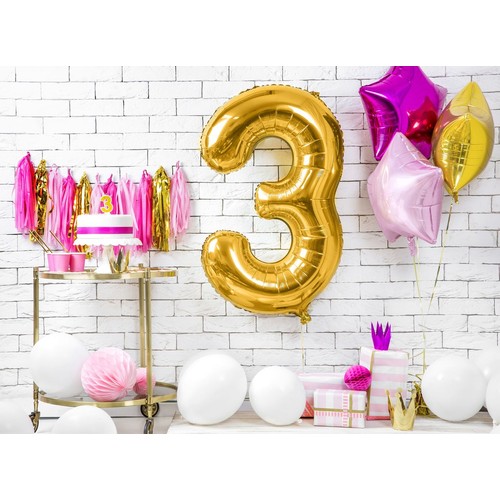 Balon foliowy Cyfra '3' 86cm złoty (1 op. / 1 szt.) PartyDeco 1 sztuka