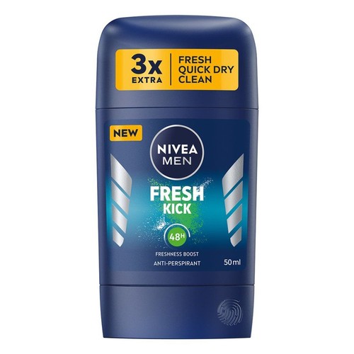Nivea Men Fresh Kick, antyperspirant w sztyfcie 50 ml. Ciemnoniebieskie opakowanie z żółtymi i zielonymi akcentami.