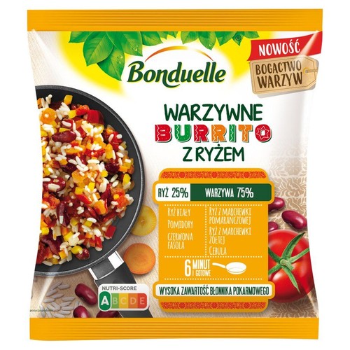 Bonduelle Warzywne Burrito z Ryżem w żółtej torebce. Na grafice danie z ryżem, fasolą i warzywami w patelni. Gotowe w 6 minut.