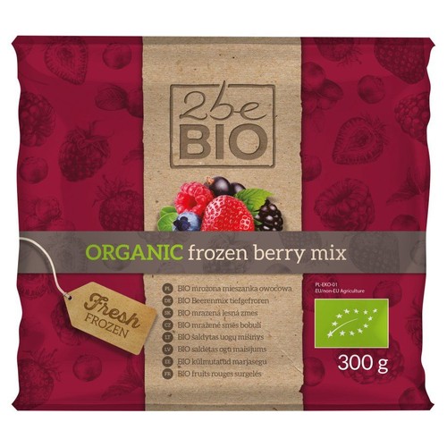 Mrożone owoce 2be BIO, mieszanka jagód, 300g. Ciemnoczerwona torebka z etykietą 'Fresh FROZEN' i zielonym logo BIO.