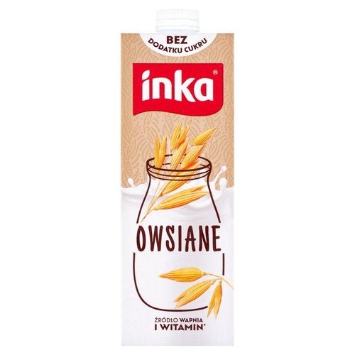 Napój owsiany Inka 1L, bez dodatku cukru. Opakowanie z ilustracją słoika z ziarnami owsa i napisem "Owsiane".