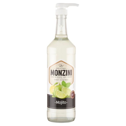 Monzini Oryginalny syrop Mojito w szklanej butelce z dozownikiem. Etykieta z limonką i miętą. Do kawy i deserów.