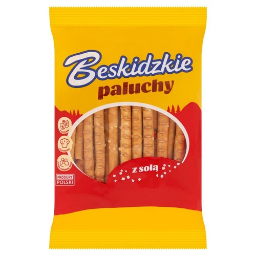 Żółta paczka Beskidzkich paluchów z solą. Przezroczyste okienko pokazuje chrupiące paluszki.