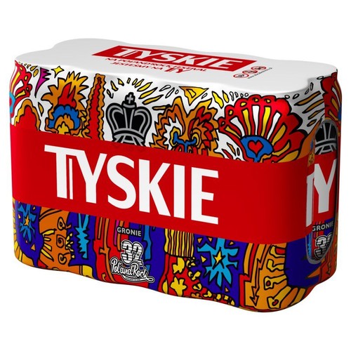 Opakowanie zbiorcze piwa Tyskie z limitowanej edycji, dedykowanej 32. edycji festiwalu PolandRock. Białe opakowanie pokryte jest bogatym, wielobarwnym wzorem folklorystycznym. Na środku widnieje czerwony pas z białym napisem TYSKIE.