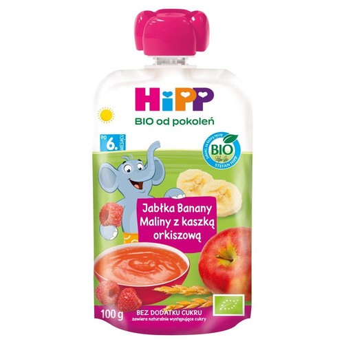 Saszetka HiPP BIO Jabłka Banany Maliny z kaszką orkiszową, 100g. Przecier owocowy dla niemowląt od 6. miesiąca.
