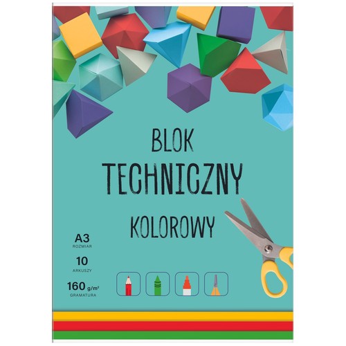 Blok techniczny kolorowy w formacie A3, zawierający 10 arkuszy o gramaturze 160 g/m². Okładka w kolorze turkusowym przedstawia różnokolorowe, papierowe figury geometryczne, żółte nożyczki oraz ikony ołówka, kredki, markera i pędzla.