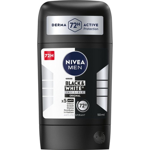 Nivea Men Black & White Invisible Original, dezodorant w sztyfcie 50 ml. Czarny pojemnik z etykietą w odcieniach bieli i czerni.