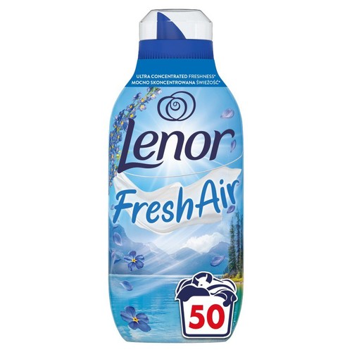 Niebieska butelka płynu do płukania Lenor Fresh Air. Na etykiecie góry, jezioro, kwiaty i białe pranie. Oznaczenie 50 prań.