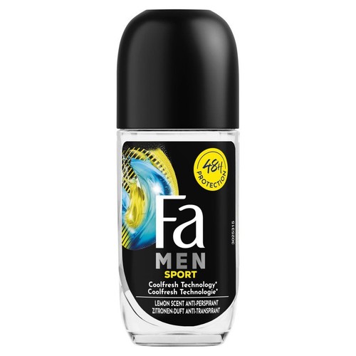 Antyperspirant Fa Men Sport w przezroczystej butelce roll-on. Czarna nakrętka. Etykieta z nazwą produktu i hasłem "Coolfresh Technology".
