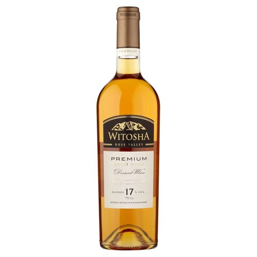 Produkt to butelka wina Witosha Rose Valley Premium Sweet White. Etykieta przedstawia góry i nazwę marki. Jest to słodkie białe wino deserowe. Zawartość alkoholu wynosi 17% objętości, a pojemność butelki to 750 ml.