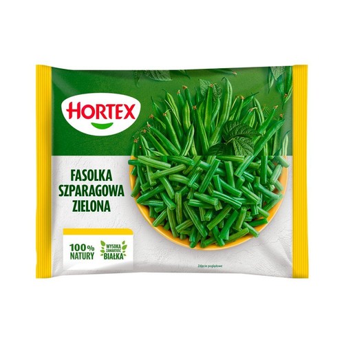 Hortex Fasolka Szparagowa Zielona w zielono-żółtym opakowaniu. Na opakowaniu miska z zieloną fasolką. 100% natury.