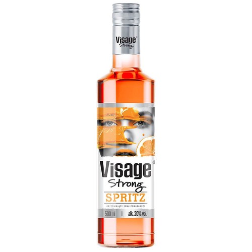 Butelka Visage Strong Spritz o pojemności 500 ml i zawartości 20% alkoholu. Smak pomarańczowy. Etykieta z grafiką twarzy.
