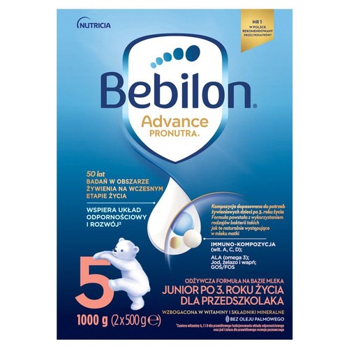 Opakowanie Bebilon Advance Pronutra 5, mleko junior po 3. roku życia, wspiera odporność.
