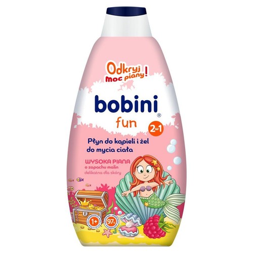 Różowa butelka Bobini Fun 2w1, płyn do kąpieli i żel do mycia ciała. Malinowy zapach, wysoka piana. Etykieta z syrenką.