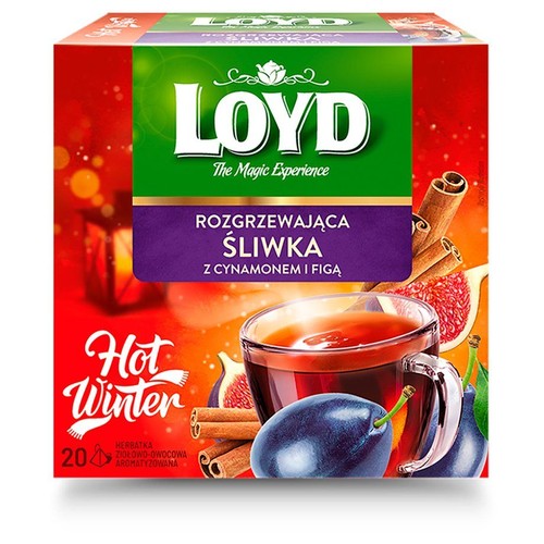 Opakowanie herbaty Loyd "Rozgrzewająca Śliwka" z cynamonem i figą. 20 saszetek.