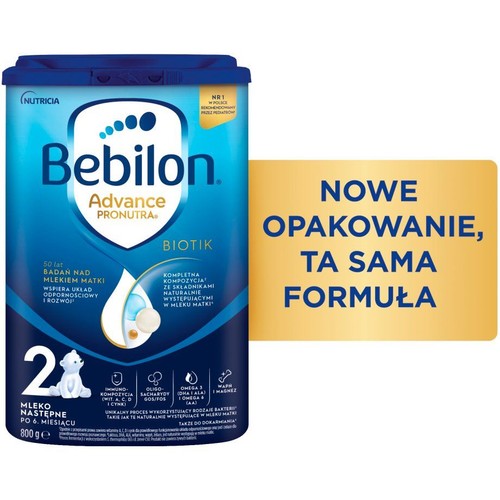 Bebilon Advance Pronutra Biotik 2, mleko następne dla niemowląt po 6. miesiącu życia. Zawiera Immuno-kompozycję (wit. A, C, D, cynk), oligosacharydy GOS/FOS, Omega 3 i 6. Wspiera odporność i rozwój. Opakowanie 800g.