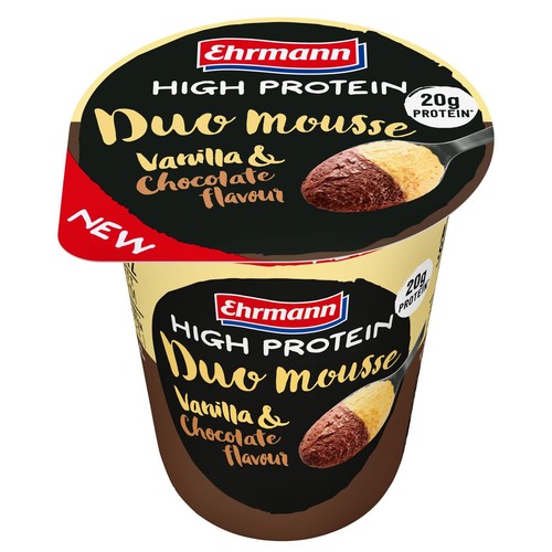 Ehrmann Duo mousse wysokobiałkowy o smaku waniliowym i czekoladowym. Zawiera 20g białka. Nowość.