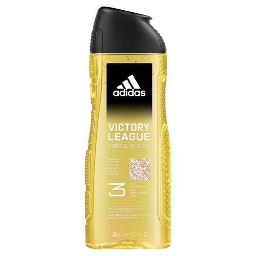 Żel pod prysznic Adidas Victory League 3 w 1 do ciała, włosów i twarzy. Butelka o pojemności 400 ml, wykonana w 100% z recyklingu. Produkt bez siarczanowych środków powierzchniowo czynnych, z guaraną.