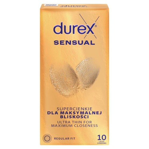 Opakowanie Durex Sensual z grafiką dwóch odcisków palców. 10 supercienkich prezerwatyw lateksowych Regular Fit.