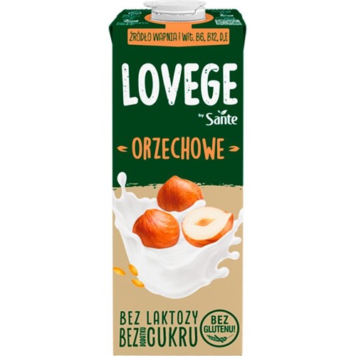 Karton napoju Lovege Orzechowe Sante. Produkt bez laktozy, bez cukru, bez glutenu. Wzbogacony w wapń i witaminy B6, B12, D, E.