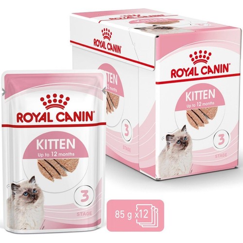 Saszetka Royal Canin Kitten 85g z wizerunkiem kota i logo Royal Canin.