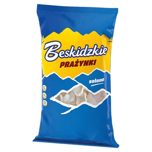 Opakowanie Beskidzkich Prażynek solonych w kolorze niebiesko-żółtym. Widać jasne, solone prażynki.