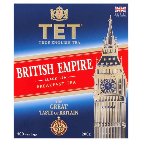 Opakowanie herbaty TET True English Tea, British Empire. Czarna herbata śniadaniowa, 100 torebek, 200g. Na pudełku Big Ben.