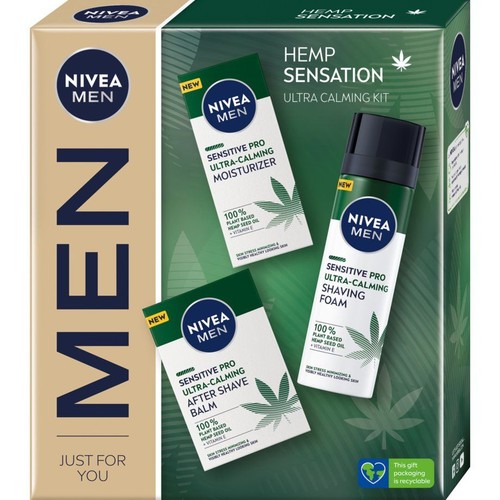 Zestaw prezentowy Nivea Men Hemp Sensation Ultra Calming Kit. Opakowanie kartonowe w kolorach beżowym i ciemnozielonym.