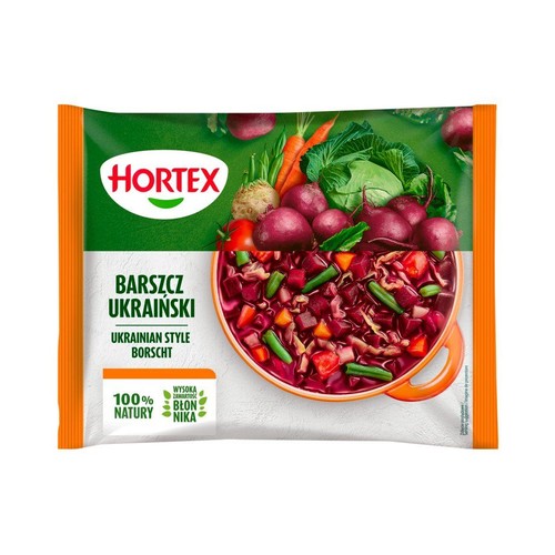 Zielono-pomarańczowe opakowanie Hortex Barszcz Ukraiński. Widoczne buraki, marchew, kapusta i miska barszczu.