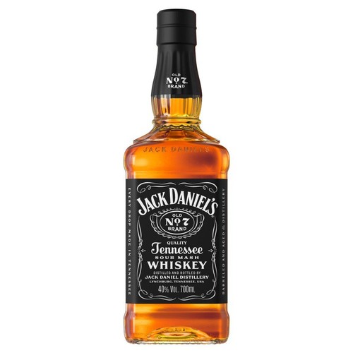 Butelka whisky Jack Daniel's Old No. 7 Brand Tennessee Sour Mash. Na czarnej etykiecie widnieje nazwa produktu, informacja o destylacji w Lynchburgu, Tennessee, USA. Każda kropla wyprodukowana w Tennessee. Zawiera 40% alkoholu, pojemność 700 ml.