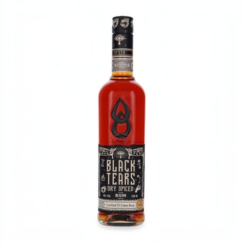 Butelka rumu Black Tears Dry Spiced, 700 ml, 40% obj. Czarna etykieta z białymi napisami i mistycznymi symbolami. Wytłoczony znak na szkle.