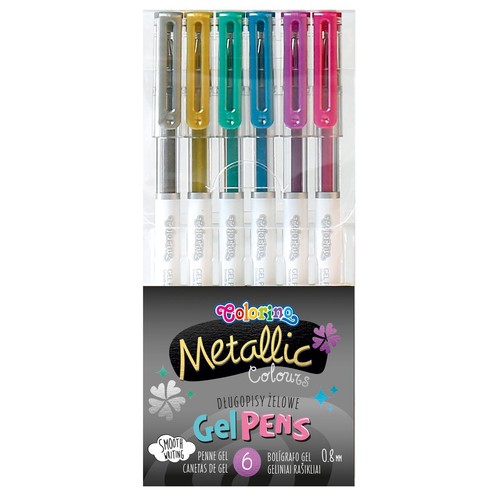 Zestaw 6 długopisów żelowych Coloring Metallic Colours w przezroczystym opakowaniu. Pióra mają metaliczne kolory: srebrny, złoty, turkusowy, niebieski, fioletowy i różowy. Grubość końcówki to 0.8mm, zapewniająca płynne pisanie.