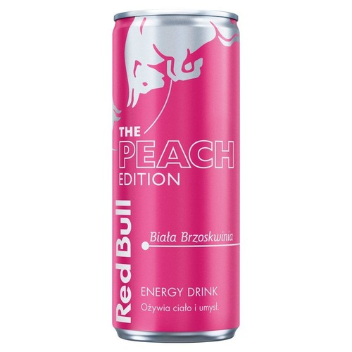 Napój energetyczny Red Bull Biała Brzoskwinia w różowej puszce. Napis "Ożywia ciało i umysł".