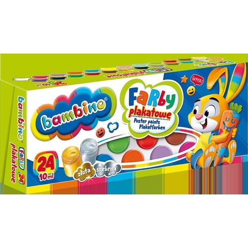 Zestaw farb plakatowych Bambino, zawierający 24 intensywne kolory po 10ml każdy. W komplecie znajdują się również specjalne farby: złota i srebrna. Opakowanie ozdobione jest wesołym, rysunkowym królikiem.