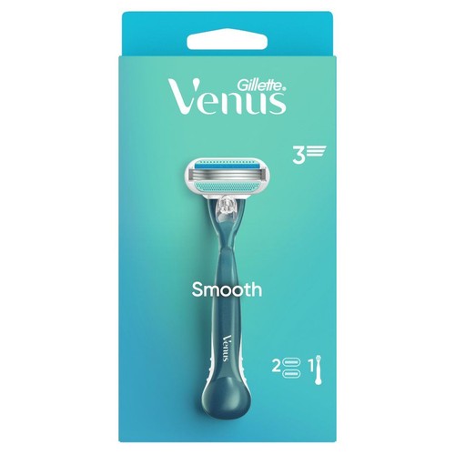 Maszynka do golenia Gillette Venus Smooth. Turkusowy uchwyt, 3 ostrza. Opakowanie z informacją o 2 wkładach.
