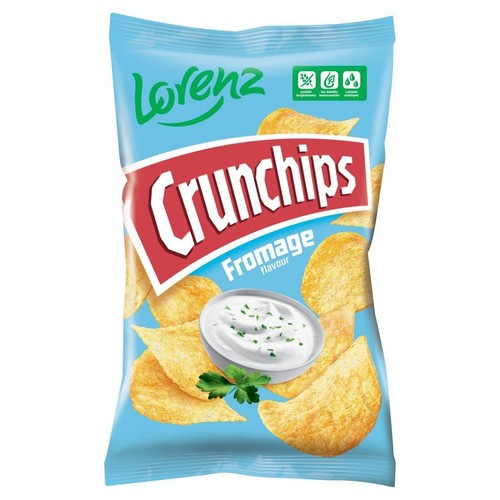 Paczka chipsów Lorenz Crunchips o smaku sera. Z przodu grafika chipsów i dipu z natką pietruszki.