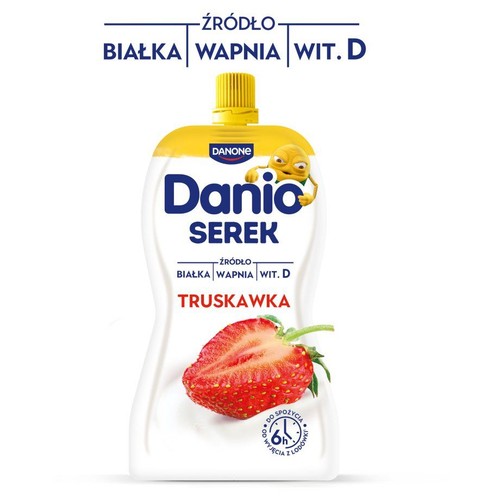 Opakowanie serka Danio Truskawka. Produkt jest źródłem białka, wapnia i witaminy D. Widoczna grafika truskawki.