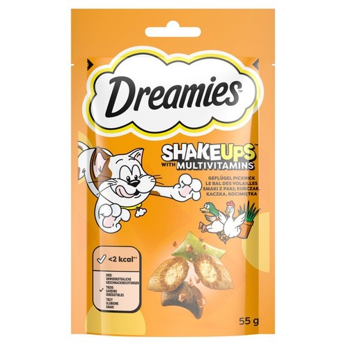 Pomarańczowe opakowanie Dreamies ShakeUps z multiwitaminami, 55g. Przedstawia kota i smakołyki o smaku kurczaka, kaczki i kocimiętki.