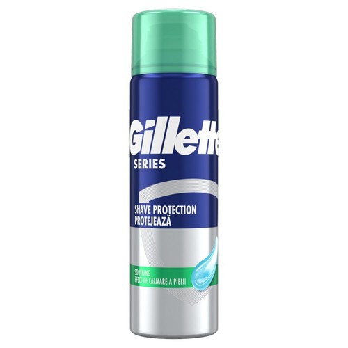 Niebiesko-srebrna puszka Gillette Series Shave Protection z zieloną nakrętką. Produkt do golenia z efektem ukojenia skóry.