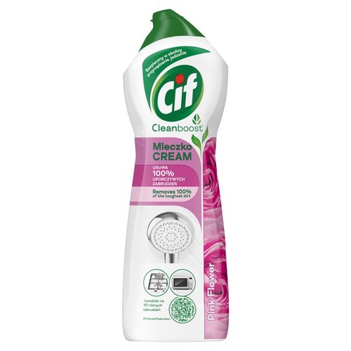 Mleczko Cif Cleanboost Cream Pink Flower do czyszczenia. Skutecznie usuwa 100% trudnych zabrudzeń. Z zieloną nakrętką.