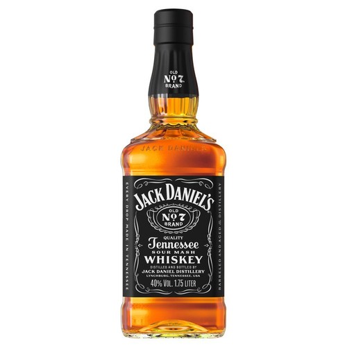 Butelka whiskey Jack Daniel's Old No. 7 Brand Tennessee Sour Mash, o pojemności 1.75 litra i zawartości 40% alkoholu. Posiada charakterystyczną czarną etykietę z białymi napisami, informującą o destylarni w Lynchburgu, Tennessee.