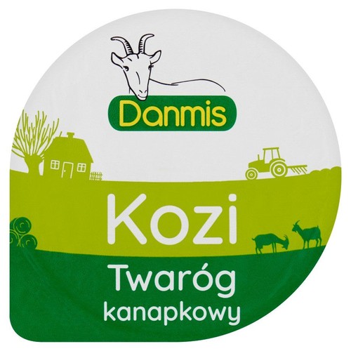 Opakowanie Danmis Kozi Twaróg kanapkowy. Biało-zielona etykieta z rysunkiem kozy, domku, traktora i dwóch małych kóz.